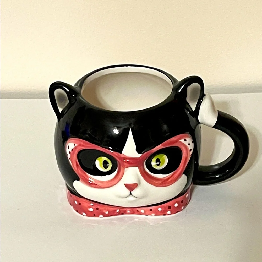 Figural Black and Red Cat Mug With Glasses